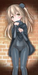 Rule 34 | 1girl, black bodysuit, black cape, blush, bodysuit, brick wall, brown eyes, bun cover, cape, closed mouth, commentary request, covered navel, girls und panzer, groin, hair bun, head tilt, highres, langley1000, light brown hair, long sleeves, looking at viewer, one side up, partial commentary, shimada arisu, side bun, single hair bun, single side bun, smile, solo, spotlight, standing