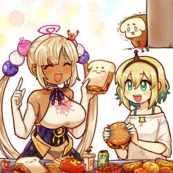 Rule 34 | 1girl, 2girls, :d, ^ ^, amano pikamee, black hairband, blonde hair, breasts, burger, closed eyes, collarbone, colored inner hair, commentary, crossover, cup, dark-skinned female, dark skin, disposable cup, elbow gloves, english commentary, food, french fries, gloves, green eyes, green hair, hair ornament, hairband, hand up, holding, holding food, hololive, hololive english, kaniko (tsukumo sana), kataro, large breasts, limiter (tsukumo sana), long hair, looking at another, mountain dew, multicolored hair, multiple girls, off-shoulder shirt, off shoulder, onion rings, open mouth, planet hair ornament, reese&#039;s cups, sandwich, sharp teeth, shirt, short hair, smile, teeth, tsukumo sana, tsukumo sana (1st costume), twintails, two-tone hair, upper body, very long hair, virtual youtuber, voms, white gloves, white shirt, yatagarasu (tsukumo sana)
