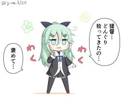 Rule 34 | 1girl, black ribbon, black serafuku, black skirt, black thighhighs, blue neckerchief, chibi, commentary request, detached sleeves, full body, goma (yoku yatta hou jane), green eyes, green hair, hair between eyes, hair flaps, hair ornament, hair ribbon, hairclip, kantai collection, long hair, neckerchief, one-hour drawing challenge, open mouth, parted bangs, pleated skirt, ponytail, ribbon, school uniform, serafuku, sidelocks, simple background, skirt, solo, standing, thighhighs, translation request, twitter username, white background, yamakaze (kancolle)