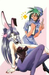 Rule 34 | 1990s (style), 2girls, animal ears, ass, baiko, bare shoulders, black leotard, breast press, breasts, bunny outfit, cleavage, curvy, detached collar, drill hair, earrings, fake animal ears, female focus, green hair, happy, headband, high ponytail, jewelry, large breasts, leotard, long hair, looking at viewer, makeup, multiple girls, nurse, one eye closed, pantyhose, playboy bunny, ponytail, rabbit ears, rabbit tail, retro artstyle, saber marionette j, scan, shiny skin, silver hair, simple background, sitting, smile, tail, tamasaburou (saber j), very long hair, wink