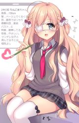 Rule 34 | 1girl, ahoge, blonde hair, blush, braid, character profile, checkered clothes, checkered skirt, commentary request, eyepatch, grey eyes, grey sweater, hair ribbon, heart, highres, holding, holding paintbrush, long hair, long sleeves, looking at viewer, necktie, open mouth, original, paintbrush, red necktie, ribbon, ringo sui, shindan maker, shirt, sitting, sitting on object, skirt, solo, sweater, swept bangs, thighhighs, translation request, twin braids, very long hair, wavy hair, white shirt, white thighhighs, zettai ryouiki