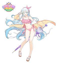 Rule 34 | 1girl, :d, absurdres, arm up, bare legs, bare shoulders, beach umbrella, bikini, blue eyes, frilled bikini, frills, full body, gradient hair, hair between eyes, hairband, highres, holding, jacket, jewelry, long hair, looking at viewer, maett, multicolored hair, navel, necklace, off shoulder, official art, open clothes, open jacket, open mouth, pink bikini, princess tale adventure, sandals, side-tie bikini bottom, simple background, smile, solo, stomach, swimsuit, thighs, umbrella, very long hair, white background, white hair, yellow jacket