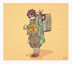 Rule 34 | 1boy, :|, baby, backpack, bag, black footwear, black pants, brown hair, checkered sash, chromatic aberration, closed mouth, commentary, commentary request, crossover, death stranding, english commentary, full body, highres, japanese clothes, kamado tanjirou, kimetsu no yaiba, looking down, lou (death stranding), male focus, odradek, pants, parody, portuguese commentary, scar on face, scar on forehead, simple background, solid circle eyes, spiked hair, sweatdrop, vinycius d araujo