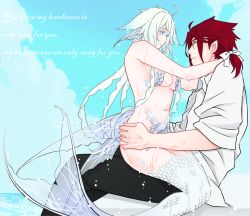 Rule 34 | 1boy, 1girl, ahoge, breasts, character request, english text, eye contact, fins, green eyes, hair ribbon, hetero, looking at another, mermaid, monster girl, navel, on lap, original, pointy ears, ponytail, red hair, ribbon, shinzui (fantasysky7), sitting, wet, white hair
