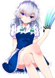 Rule 34 | 1girl, arm support, bare legs, between fingers, blue dress, blue eyes, blush, bow, braid, breasts, crossed legs, dress, feet out of frame, frills, green bow, hair between eyes, hair bow, hair ribbon, hand up, highres, holding, holding knife, iridescent, izayoi sakuya, knife, long hair, looking at viewer, maid headdress, medium breasts, parted lips, puffy short sleeves, puffy sleeves, ribbon, short sleeves, side braids, silver hair, simple background, solo, throwing knife, tomoe (fdhs5855), touhou, tress ribbon, twin braids, unconnected marketeers, weapon, white background, wing collar