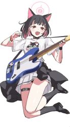 Rule 34 | 1girl, black hair, blue archive, bob cut, bracelet, choker, colored inner hair, electric guitar, guitar, halo, instrument, jewelry, kazusa (band) (blue archive), kazusa (blue archive), multicolored hair, pink hair, pleated skirt, red eyes, simple background, skirt, timo wei95, white background