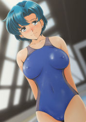 Rule 34 | 1girl, arms behind back, backlighting, bishoujo senshi sailor moon, blue hair, cameltoe, collarbone, competition swimsuit, covered navel, dutch angle, earrings, covered erect nipples, formal, highres, jewelry, looking at viewer, mizuno ami, nanashi noiji, one-piece swimsuit, rei no pool, short hair, solo, suit, swimsuit, tareme