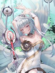 Rule 34 | absurdres, armpits, arms up, blunt tresses, braid, breasts, cleavage, covered navel, dakimakura (medium), dress, feathers, gold collar, gold trim, gradient eyes, hair ornament, halo, highres, jewelry, liv: empyrea (wings of dawn) (punishing: gray raven), liv (punishing: gray raven), mechanical halo, medium breasts, misheng liu yin, multicolored eyes, necklace, punishing: gray raven, side braid, sidelocks, smile, solo, staff, strapless, strapless dress, white hair, white wings, wings