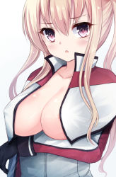Rule 34 | 10s, 1girl, blonde hair, blush, breasts, capelet, cleavage, female focus, gloves, graf zeppelin (kancolle), hair between eyes, kantai collection, large breasts, long hair, looking at viewer, nipple slip, nipples, open mouth, qunqing, solo