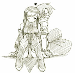 Rule 34 | 00s, 1boy, 1girl, blush, boots, couple, dr.p, closed eyes, gloves, greyscale, hair over one eye, holding hands, heart, hetero, long hair, luke fon fabre, monochrome, sitting, sketch, smile, tales of (series), tales of the abyss, tear grants, thighhighs