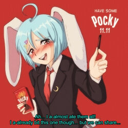 Rule 34 | 1990s (style), 1girl, ahoge, animal ears, black jacket, blazer, blue hair, blush, box, breasts, buck teeth, collared shirt, commentary, commentary request, crescent, crescent pin, english commentary, english text, floppy ears, food, highres, holding, holding box, holding food, holding pocky, jacket, long sleeves, looking at viewer, medium bangs, necktie, nose blush, open mouth, pocky, pocky day, rabbit ears, rabbit girl, rabbit tail, red background, red eyes, red necktie, reisen (touhou bougetsushou), retro artstyle, shirt, short hair, simple background, small breasts, smile, solo, step arts, subtitled, tail, teeth, touhou, triangle hair ornament, upper teeth only, white shirt