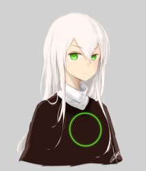 Rule 34 | 1girl, borrowed character, green eyes, grey background, hair between eyes, highres, iz (asteroid ill), long hair, looking at viewer, neon trim, original, serious, signature, simple background, solo, wagamama (kitkit fong), white hair