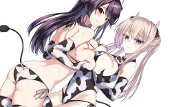Rule 34 | 2girls, animal ears, animal print, ass, bikini, black hair, blue eyes, breast press, breasts, brown eyes, casual one-piece swimsuit, commentary request, cow ears, cow horns, cow print, cow tail, cowboy shot, dutch angle, elbow gloves, fake animal ears, fake horns, gloves, graf zeppelin (kancolle), hair ornament, hairclip, haruna (kancolle), highres, horns, kantai collection, large breasts, long hair, multiple girls, one-piece swimsuit, side-tie bikini bottom, simple background, swimsuit, symmetrical docking, tail, utsumi karmin, white background, white bikini, white gloves, white hair, white one-piece swimsuit