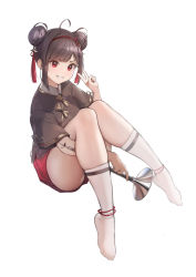 Rule 34 | 1girl, absurdres, ahoge, ass, blush, bow, brown bow, brown hair, brown ribbon, brown shirt, collared shirt, double bun, grin, hair bun, hair ornament, hair ribbon, highres, holding, holding instrument, instrument, looking at viewer, original, parted bangs, red eyes, red ribbon, red shorts, ribbon, risa (pixiv23908854), shirt, short hair, shorts, sidelocks, simple background, sitting, skindentation, smile, socks, solo, tassel, thighs, toes, v, white background, white socks