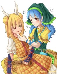 Rule 34 | 2girls, absurdres, apron, arm ribbon, artist name, blonde hair, blue hair, blue ribbon, bow, brush, closed mouth, damaged, double bun, dress, dress bow, eyes visible through hair, green apron, green headwear, hair between eyes, hair bun, hair ribbon, hand on another&#039;s face, haniyasushin keiki, highres, joutouguu mayumi, long hair, looking at another, mechanical parts, multiple girls, one eye closed, open mouth, pink eyes, pocket, puffy short sleeves, puffy sleeves, red bow, red ribbon, ribbon, short hair, short sleeves, simple background, sitting, smile, touhou, white background, white ribbon, white sleeves, yellow dress, yu cha