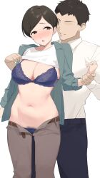 Rule 34 | 1boy, 1girl, :o, absurdres, black hair, blue bra, blue panties, blush, bra, breasts, brown pants, cleavage, clothes lift, dwayne hakkai 2, faceless, faceless male, female pubic hair, green jacket, highres, idolmaster, idolmaster cinderella girls, jacket, large breasts, lifting another&#039;s clothes, looking at another, navel, panties, pants, pubic hair, pubic hair peek, sasaki chie&#039;s mother, shirt, shirt lift, short hair, simple background, stomach, swept bangs, underwear, white background, white shirt