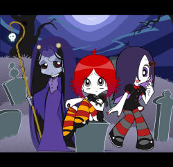 Rule 34 | 3girls, artist request, black dress, black footwear, black hair, black sclera, black shirt, cane, colored sclera, colored skin, cyclops, dress, freckles, goth fashion, graveyard, grey eyes, grey skin, grey thighhighs, hair over one eye, high heels, iris (ruby gloom), long hair, long sleeves, midriff, misery (ruby gloom), moon, multiple girls, night, one-eyed, open mouth, orange thighhighs, pale skin, panty &amp; stocking with garterbelt, parody, puffy sleeves, purple dress, purple eyes, purple hair, purple nails, red eyes, red hair, ruby gloom, ruby gloom (character), shirt, shoes, short hair, short sleeves, skull, sky, smile, striped clothes, striped thighhighs, style parody, tears, thighhighs, tombstone, tree, undressing, veil, white skin, wide sleeves