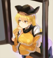 Rule 34 | 1girl, blonde hair, breast hold, breasts, closed mouth, commentary request, detached sleeves, falken (yutozin), hat, head rest, highres, large breasts, leaning forward, long hair, looking away, matara okina, one-hour drawing challenge, simple background, solo, tabard, tan background, touhou, upper body, wavy hair, window, yellow eyes