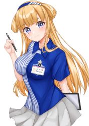 Rule 34 | 1girl, absurdres, blonde hair, blush, breasts, collared shirt, double bun, employee uniform, fletcher (kancolle), hair bun, highres, holding, holding stylus, id card, kantai collection, large breasts, lawson, long hair, namakarashi, name tag, pen, pleated skirt, purple eyes, shirt, skirt, smile, solo, store clerk, striped clothes, striped shirt, stylus, tablet pc, uniform, vertical-striped clothes, vertical-striped shirt, white background