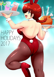 Rule 34 | 1girl, animal ears, ass, back, bare arms, bare back, bare shoulders, blue eyes, braid, breasts, curvy, detached collar, fake animal ears, female focus, food, genderswap, genderswap (mtf), gradient background, high heels, highres, hip focus, huge ass, large breasts, leotard, looking at viewer, looking back, moyashi, nail polish, open mouth, pantyhose, playboy bunny, rabbit ears, rabbit girl, rabbit tail, ranma-chan, ranma 1/2, red hair, saotome ranma, sideboob, single braid, solo, strapless, strapless leotard, tail, whip, wide hips, wrist cuffs