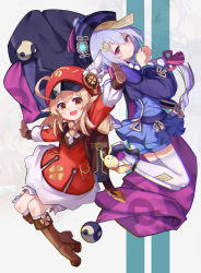 Rule 34 | 2girls, :d, absurdres, ahoge, arm up, backpack, bag, bag charm, bandaged leg, bandages, bead necklace, beads, bei hua, bloomers, blue shorts, braid, braided ponytail, brown footwear, brown gloves, brown scarf, cabbie hat, cape, charm (object), chinese clothes, clover print, coat, coin hair ornament, commentary request, dodoco (genshin impact), genshin impact, gloves, hair between eyes, hair ornament, hat, hat feather, hat ornament, highres, jewelry, jiangshi, klee (genshin impact), light brown hair, long hair, long sleeves, low ponytail, low twintails, multiple girls, necklace, ofuda, ofuda on clothes, open mouth, orange eyes, orb, outstretched arms, pocket, pointy ears, purple eyes, purple hair, qingdai guanmao, qiqi (genshin impact), randoseru, red coat, red headwear, scarf, shorts, sidelocks, simple background, single braid, smile, spread arms, twintails, underwear, vision (genshin impact), white legwear, wide sleeves, yin yang, yin yang orb