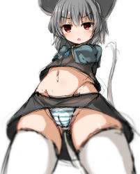 Rule 34 | 1girl, animal ears, bad id, bad pixiv id, blush, cameltoe, grey hair, kihuzinz, looking at viewer, midriff, mouse ears, mouse tail, navel, nazrin, panties, red eyes, short hair, simple background, sketch, solo, striped clothes, striped panties, tail, thighhighs, touhou, underwear, white background, white thighhighs