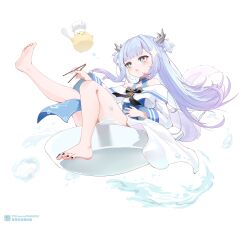 Rule 34 | 1girl, absurdres, artist name, azur lane, bare shoulders, barefoot, bird, black nails, blue dress, blue hair, blunt bangs, chef hat, chick, chopsticks, dragon girl, dragon horns, dragon tail, dress, drooling, gradient hair, hand up, hat, highres, holding, holding chopsticks, horns, huge spoon, liwendala, long hair, long sleeves, lung wu (azur lane), manjuu (azur lane), multicolored hair, open mouth, purple hair, simple background, sitting, sparkle, sparkling eyes, tail, toes, two-tone dress, water, white background, white dress
