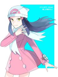 Rule 34 | 1girl, beanie, black hair, blue background, border, buttons, closed mouth, coat, commentary request, creatures (company), dawn (pokemon), eyelashes, floating hair, game freak, hair ornament, hairclip, hand up, hat, highres, jewelry, long hair, long sleeves, nintendo, norisukep, pink coat, poke ball print, pokemon, pokemon adventures, poketch, ring, scarf, smile, solo, watch, white border, white hat, white scarf, wristwatch, yellow eyes