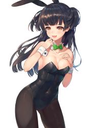 Rule 34 | 1girl, :3, animal ears, black hair, black leotard, black pantyhose, bow, bowtie, breasts, brown eyes, cleavage, commentary request, detached collar, fake animal ears, green bow, green bowtie, highres, idolmaster, idolmaster shiny colors, leotard, long hair, mayuzumi fuyuko, medium breasts, pantyhose, playboy bunny, rabbit ears, rabbit girl, rabbit tail, rangen, simple background, smile, solo, strapless, strapless leotard, tail, two side up, white background, wrist cuffs