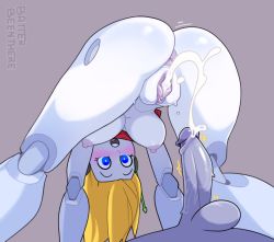 Rule 34 | anus, ass, batterbee, blonde hair, blue eyes, blush, breasts, breasts out, colored skin, cum, cum in pussy, curly brace, doll joints, doukutsu monogatari, highres, joints, large breasts, nipples, penis, red shirt, shirt, uncensored, white skin