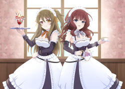 Rule 34 | 2girls, absurdres, apron, assault lily, black dress, black ribbon, blue eyes, blunt bangs, blurry, blurry background, bow, bowtie, breasts, brown hair, cleavage, closed mouth, commentary request, cowboy shot, cup, day, detached sleeves, dress, food, frilled apron, frilled dress, frilled sleeves, frills, fruit, grey bow, grey bowtie, grey ribbon, hair between eyes, hair ribbon, hands up, heterochromia, highres, holding, holding saucer, holding teapot, holding tray, ice cream, indoors, jewelry, kaede johan nouvel, kuo shenlin, large breasts, light blush, long dress, long hair, long sleeves, looking at viewer, maid, maid headdress, multiple girls, official alternate costume, one side up, orange bow, orange bowtie, orange ribbon, parted lips, piatin, red eyes, ribbed sleeves, ribbon, ring, saucer, sleeve ribbon, sleeveless, sleeveless dress, smile, standing, strawberry, sundae, teacup, teapot, tray, wavy hair, white apron, window, yellow eyes