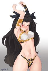 Rule 34 | 1girl, absurdres, armlet, armpits, arms up, artist name, black hair, black panties, black ribbon, bra, breasts, cleavage, curvy, detached sleeves, earrings, eybangs, fate/grand order, fate (series), gluteal fold, gold trim, grey background, groin, hair ribbon, highleg, highleg panties, highres, ishtar (fate), jewelry, long hair, long sleeves, medium breasts, navel, neck ring, o-ring, panties, partially visible vulva, pout, red eyes, revealing clothes, ribbon, simple background, single sleeve, stomach, thighs, thong, twintails, two side up, underwear, very long hair, white bra, wide hips
