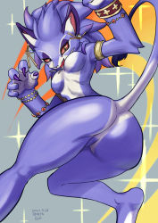 Rule 34 | 1girl, alternate form, animal ears, armlet, ass, breasts, cat ears, cat girl, cat tail, claws, colored sclera, earrings, fangs, furry, highres, isabella (seiken densetsu 3), jewelry, no nipples, no pussy, open mouth, purple fur, purple hair, red sclera, seiken densetsu, seiken densetsu 3, signature, slit pupils, tail, teramegagiga