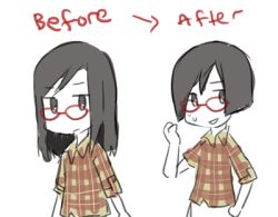 Rule 34 | 1girl, artist self-insert, before and after, commentary, comparison, glasses, long hair, lowres, self-portrait, short hair, sketch, sweat, sweatdrop, weee (raemz)