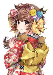Rule 34 | 1girl, absurdres, animal, animal on shoulder, asa no ha (pattern), blue flower, blue rose, blush, boar, bow, brown eyes, brown hair, chinese zodiac, closed mouth, fingernails, floral print, flower, hair bow, hair flaps, hair flower, hair ornament, hair stick, hands up, highres, japanese clothes, kanzashi, kimono, kouhaku nawa, long hair, looking at viewer, looking to the side, morikura en, obi, original, own hands together, print kimono, red kimono, rope, rose, sash, scan, shimenawa, simple background, smile, solo, upper body, year of the pig