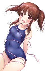 Rule 34 | 1girl, absurdres, bare arms, bare shoulders, blue one-piece swimsuit, blush, bound, breasts, brown eyes, brown hair, collarbone, commentary request, highres, idolmaster, idolmaster cinderella girls, jump rope, kuroba aki, long hair, looking at viewer, medium breasts, ogata chieri, one-piece swimsuit, open mouth, school swimsuit, sidelocks, simple background, solo, swimsuit, tears, tied up, twintails, wet, white background