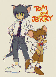 Rule 34 | 2boys, animal ears, black necktie, boots, bow, bowtie, bright pupils, brown hair, cat boy, cat ears, cat tail, colored sclera, copyright name, gloves, green eyes, grey background, grey hair, hands on own hips, jerry (tom and jerry), male focus, mouse ears, mouse tail, multiple boys, necktie, one eye closed, open mouth, paw print, paw shoes, pawa (bugendai shounen), personification, red bow, red bowtie, retro artstyle, shoes, short hair, simple background, smile, socks, standing, standing on one leg, suspenders, tail, tom, tom (tom and jerry), tom and jerry, waistcoat, white gloves, yellow sclera