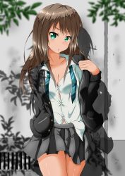 Rule 34 | 10s, 1girl, absurdres, blush, breasts, brown hair, cardigan, cleavage, collarbone, dress shirt, green eyes, highres, idolmaster, idolmaster cinderella girls, kuria (clear trip second), long hair, long sleeves, looking at viewer, open cardigan, open clothes, plaid, plaid shirt, pulled by self, school uniform, shadow, shibuya rin, shirt, skirt, solo, thighs, unbuttoned
