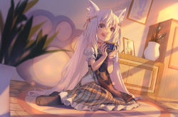 Rule 34 | 1girl, animal ear fluff, animal ears, apron, bell, can, canned tuna, cat ears, dress, hair ornament, hair ribbon, holding, holding can, indoors, long hair, neck bell, observerz, original, ribbon, sitting, smile, solo, tongue, tongue out, very long hair, white hair, wristband