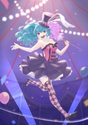 Rule 34 | 1girl, :d, animal ears, aqua hair, bad id, bad pixiv id, balloon, bare shoulders, black footwear, black hat, black skirt, bow, breasts, checkered clothes, checkered legwear, confetti, fake tears, full body, garter straps, hat, hat bow, heart, high heels, highres, indoors, long hair, medium breasts, multicolored hair, mzkui 232, open mouth, original, pink hair, purple eyes, rabbit ears, shoes, skirt, smile, solo, thighhighs, tightrope, twintails, wand