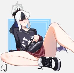 Rule 34 | 1girl, absurdres, arm support, bare legs, black choker, black footwear, black hair, blue archive, blue background, blush, bright pupils, choker, closed mouth, collarbone, convenient leg, demon horns, double-parted bangs, foot out of frame, foreshortening, grey background, grey halo, gun, hair between eyes, halo, handgun, highres, holding, holding gun, holding weapon, hood, hoodie, horns, kayoko (blue archive), knee up, l4wless, leaning back, legs, long hair, long sleeves, looking at viewer, mole, multicolored hair, nike (company), plaid, plaid skirt, pleated skirt, ponytail, red eyes, red skirt, shoes, signature, sitting, skirt, sneakers, solo, thighs, two-tone background, two-tone footwear, two-tone hair, weapon, white footwear, white hair, white pupils