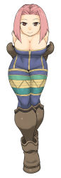 Rule 34 | 1girl, alternate color, arms behind back, bare shoulders, bent over, bodysuit, boots, breasts, brown eyes, bursting breasts, cleavage, female focus, final fantasy, final fantasy tactics, full body, gauntlets, hip focus, large breasts, leaning forward, monk, monk (fft), pink hair, short hair, simple background, solo, standing, tsukudani (coke-buta), unitard, white background, wide hips