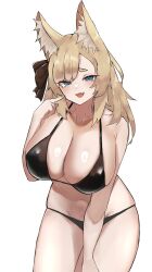 Rule 34 | 1girl, :d, animal ears, arknights, bare arms, bare shoulders, bikini, black bikini, blonde hair, blue eyes, breasts, cleavage, commentary request, cowboy shot, fangs, hand up, highres, horse ears, huge breasts, long hair, looking at viewer, navel, open mouth, simple background, smile, solo, standing, stomach, swimsuit, thick eyebrows, thighs, unknownnoname0, whislash (arknights), white background