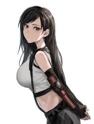 Rule 34 | 1girl, arm guards, arms behind back, bare shoulders, black gloves, black hair, black skirt, black sports bra, breasts, brown eyes, brown hair, closed mouth, commentary, crop top, earrings, elbow gloves, final fantasy, final fantasy vii, final fantasy vii remake, fingerless gloves, from side, gloves, hair behind ear, highres, jewelry, large breasts, light blush, long hair, looking at viewer, looking to the side, midriff, own hands together, raberu ruru, single earring, single sidelock, skirt, smile, solo, sports bra, suspender skirt, suspenders, swept bangs, tank top, teardrop earrings, tifa lockhart, upper body, very long hair, white background, white tank top
