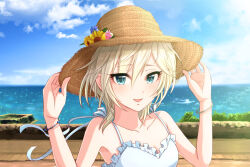 Rule 34 | 1girl, :d, anastasia (idolmaster), bare arms, blonde hair, blue eyes, blue flower, blue sky, bracelet, breasts, cleavage, cloud, collarbone, day, dress, flower, hair between eyes, hat, hat flower, idolmaster, idolmaster cinderella girls, jewelry, looking at viewer, medium hair, ocean, open mouth, outdoors, pink flower, popon ta, portrait, sky, sleeveless, sleeveless dress, small breasts, smile, solo, sundress, sunflower, white dress, yellow flower