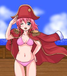 Rule 34 | 1990s (style), 1girl, blue eyes, blush, boat, bra, coat, female focus, final fantasy, final fantasy v, hat, lenna charlotte tycoon, lingerie, lowres, midriff, ocean, open clothes, open coat, open mouth, ottosei, outdoors, panties, pink bra, pink hair, pink panties, pirate, salute, short hair, sky, solo, underwear, watercraft, wink
