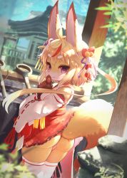 Rule 34 | 1girl, absurdres, ahoge, animal ears, animal nose, ass, bell, blonde hair, commentary request, copyright request, detached sleeves, fox ears, fox girl, fox tail, furry, furry female, hair bell, hair ornament, highres, huge filesize, index finger raised, japanese clothes, lolo (kemonono), looking at viewer, miko, no panties, outdoors, purple eyes, short hair, shrine, smile, solo, tail, thick eyebrows, thighhighs, white thighhighs