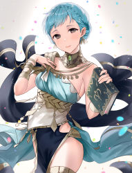 Rule 34 | 1girl, armlet, blue hair, book, bracelet, braid, breasts, brown eyes, closed mouth, confetti, crown braid, dancer, dancer (fire emblem: three houses), dress, earrings, female focus, fire emblem, fire emblem: three houses, fire emblem heroes, haru (nakajou-28), highres, holding, holding book, jewelry, lips, looking at viewer, marianne von edmund, nintendo, official alternate costume, pelvic curtain, pink lips, shawl, short hair, single-shoulder dress, sleeveless, sleeveless dress, smile, solo, thighlet, thighs