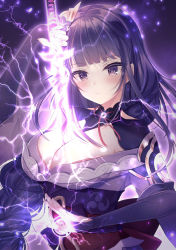 Rule 34 | 1girl, absurdres, armor, blush, braid, breasts, bridal gauntlets, cleavage, closed mouth, commentary request, electricity, flower, genshin impact, hair ornament, highres, holding, holding sword, holding weapon, human scabbard, japanese clothes, kimono, large breasts, light particles, long hair, looking at viewer, miitaodao, mitsudomoe (shape), mole, mole under eye, purple eyes, purple flower, purple hair, raiden shogun, ribbon, sash, shoulder armor, simple background, solo, sword, tomoe (symbol), weapon