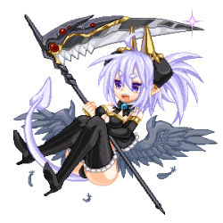 Rule 34 | 1girl, black thighhighs, breasts, eteru (mofuaki), horns, lowres, medium breasts, mofuaki, open mouth, original, pixel art, pointy ears, purple eyes, purple hair, smile, solo, tail, thighhighs, wings